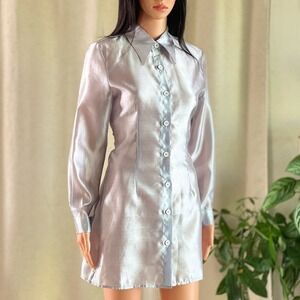 NWT‎ Ghospell Sheer Shirt Dress Silver Metallic Iridescent Long Sleeve Mini XS
